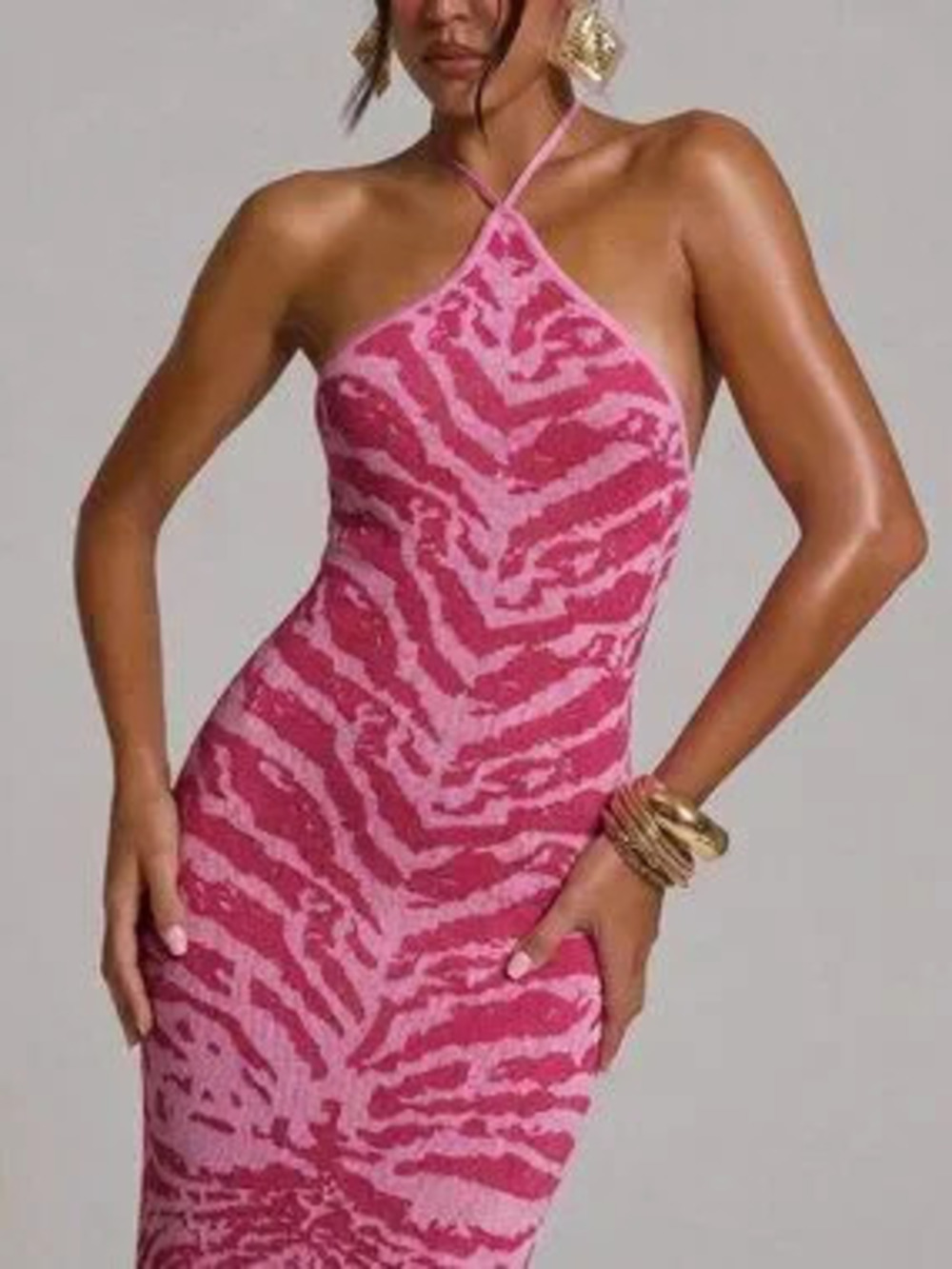 ZARA Pink Sexy Women's Fitted Knit Halterneck Maxi Dress